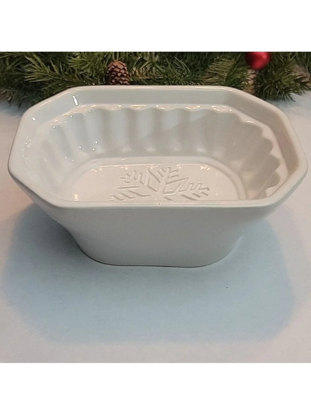 Crate & Barrel Winter Snowflake Ceramic Loaf Cake Pan Molded Gelatin Dish